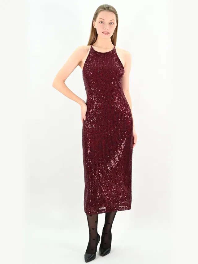 YESMOOI Cocktailjurk met Pailletten - Burgundy - Sequinned Midi Dress - XXL (44)