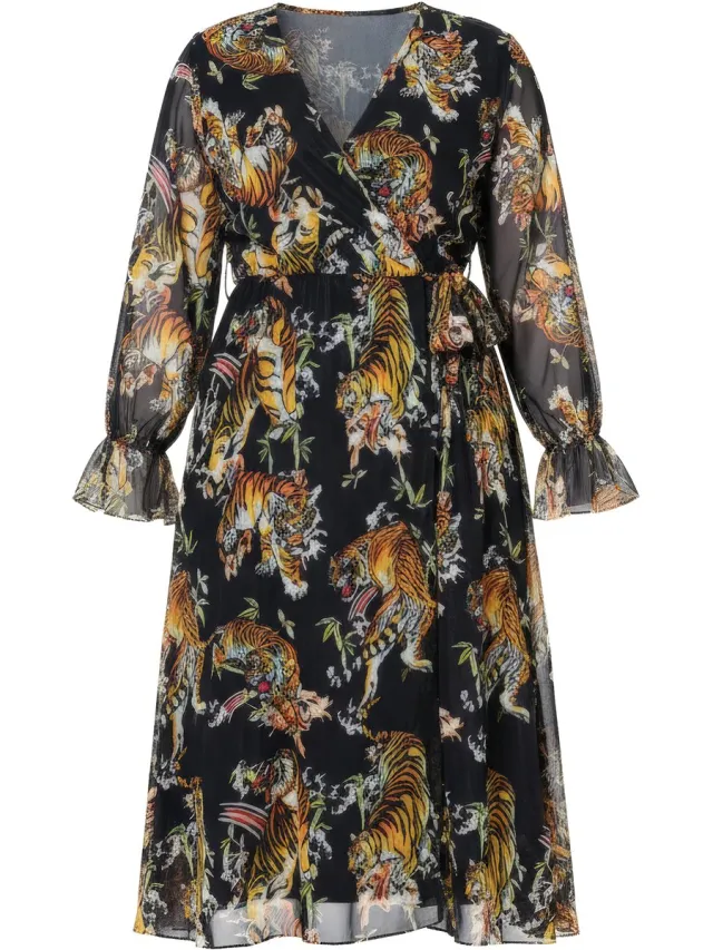 MIAMODA Dames - Mesh midi-jurk A-lijn tijgerprint wikkeleffect - Zwart