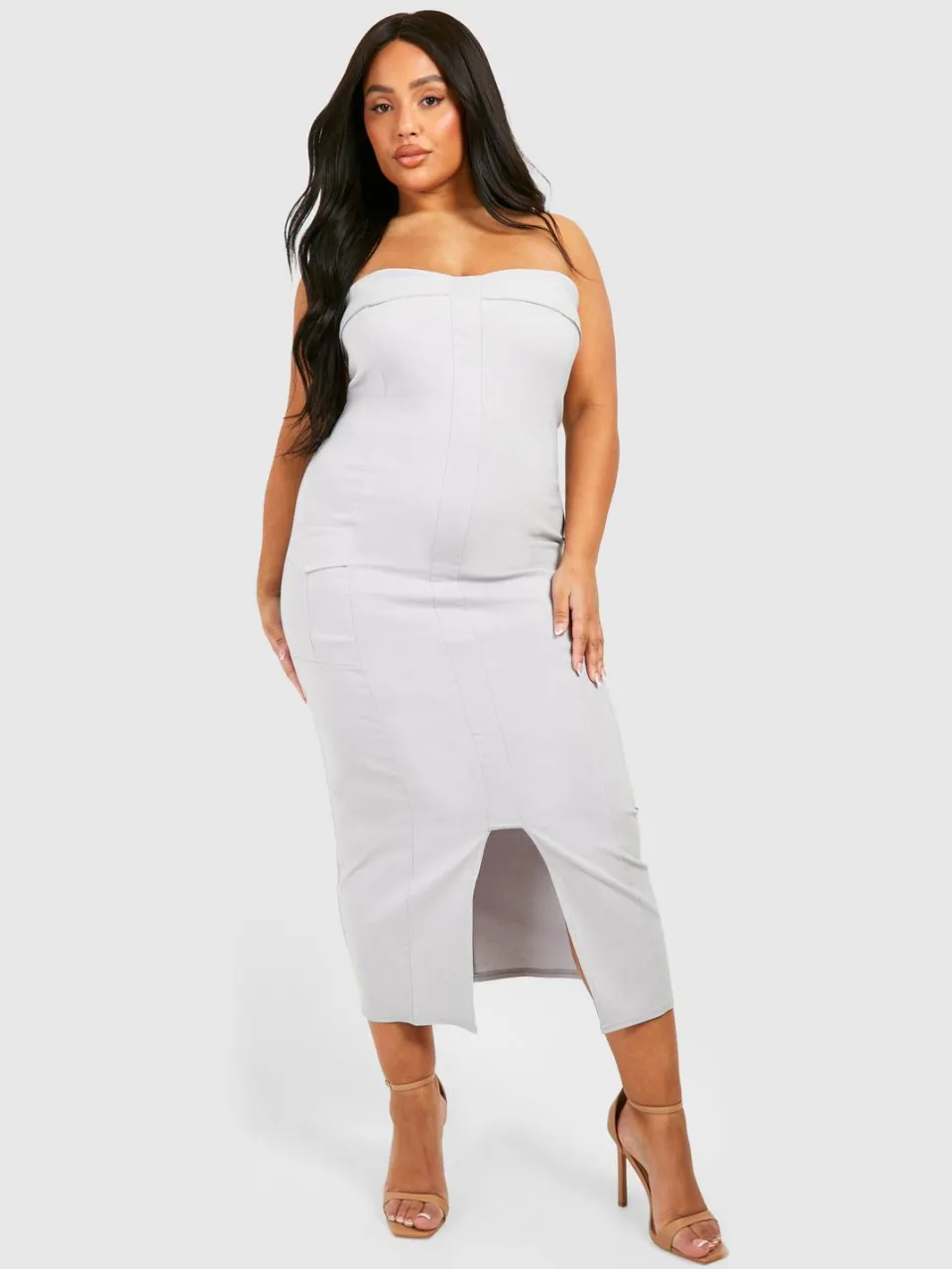boohoo Dames Plus Bengaline Bandeau Utility Midaxi Jurk ijsgrijs, foto 2