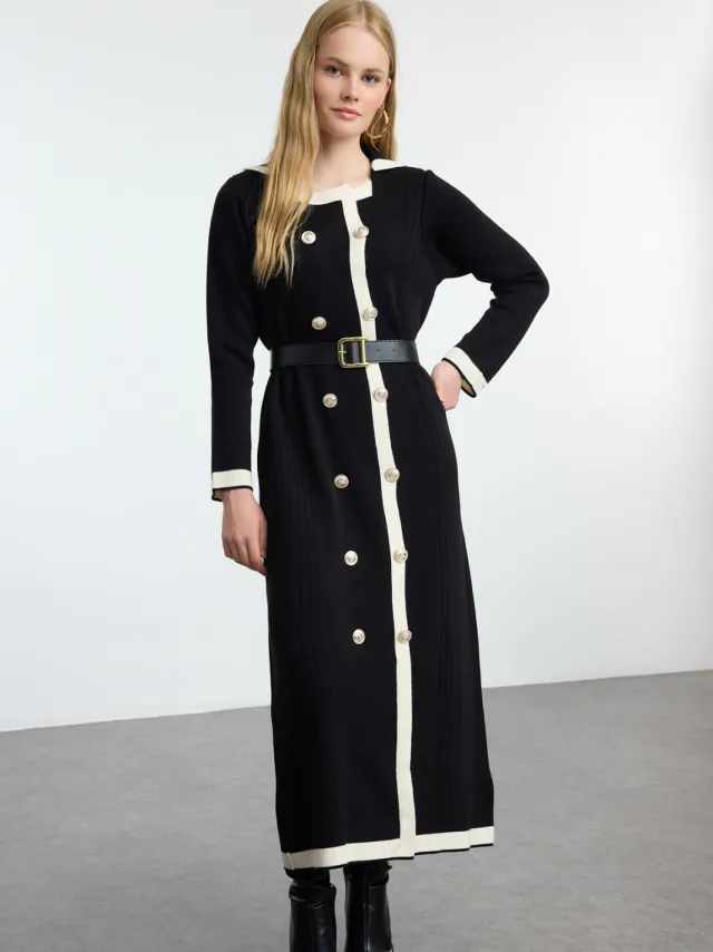 Trendyol Modest Dames Zwart Colorblock Maxi Lang Zakelijk A-lijn Modest Jurken