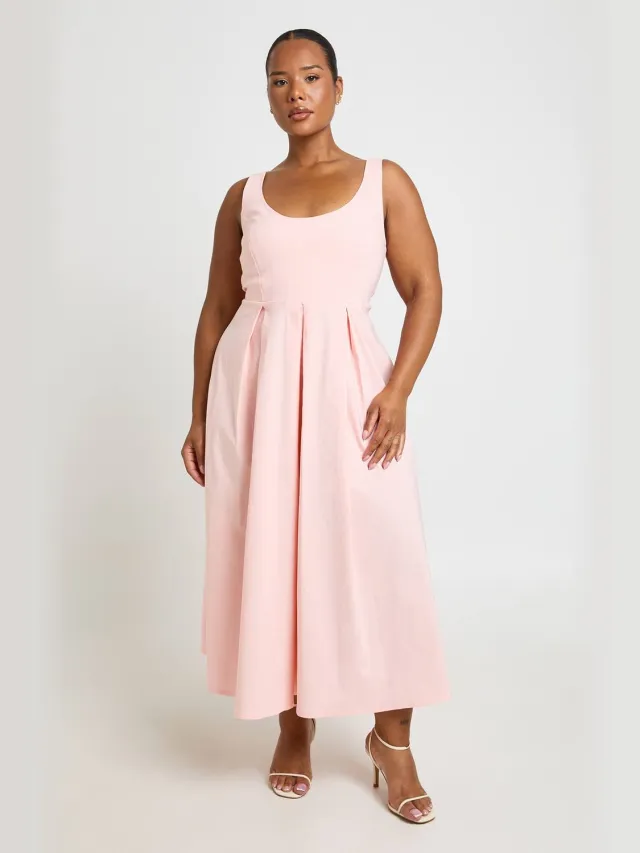 boohoo Dames Plus Bengaline Jurk Met Ronde Hals Midaxi Baby Roze