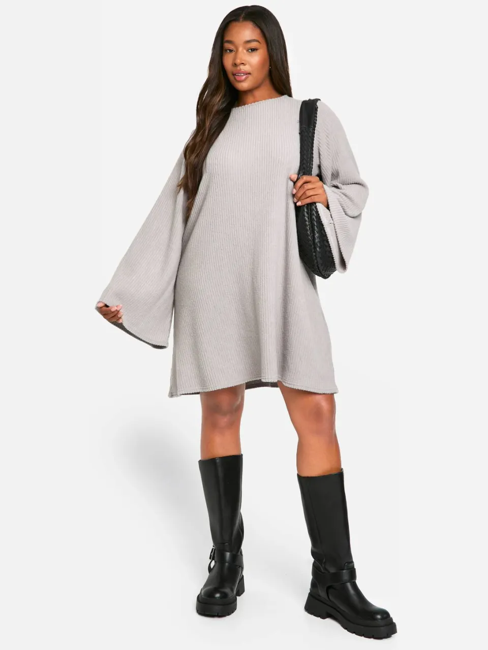 boohoo Dames Plus Soft Rib Tie-back Smock Jurk grijze mergel, foto 3