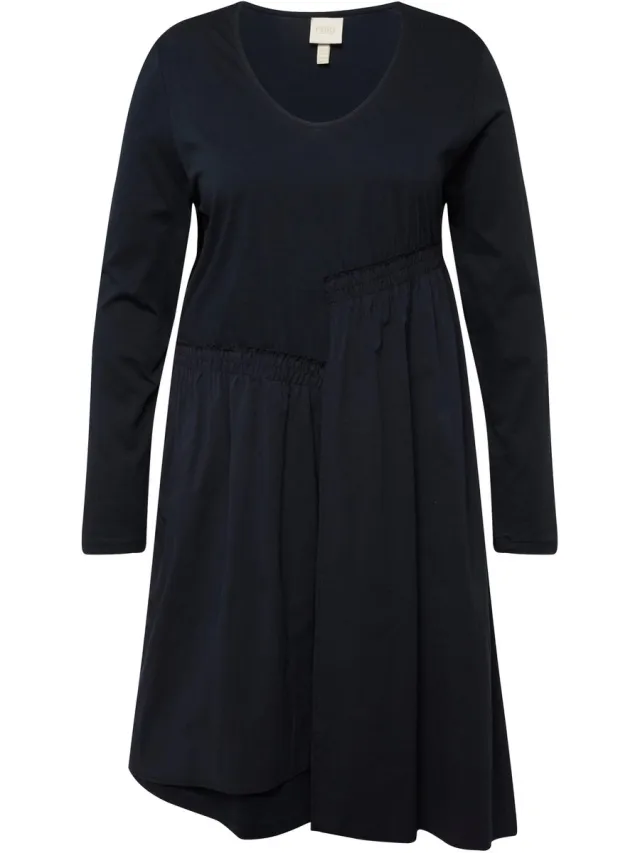 Ulla Popken Dames - Mini-jurk asymmetrische rok V-hals lange mouwen - Marine - Maat 46+