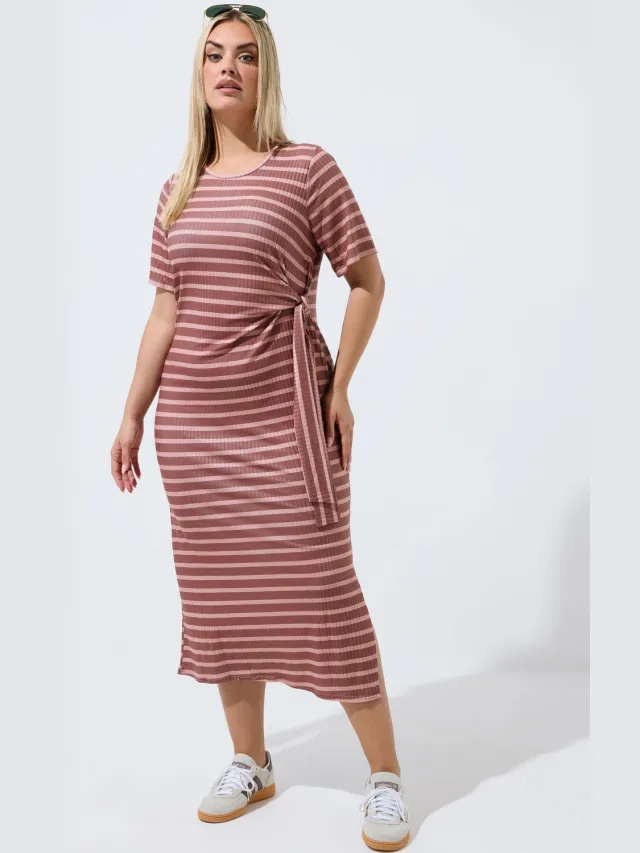 Limited Collection Roze Gestreepte Geribde Knoopjurk Pink