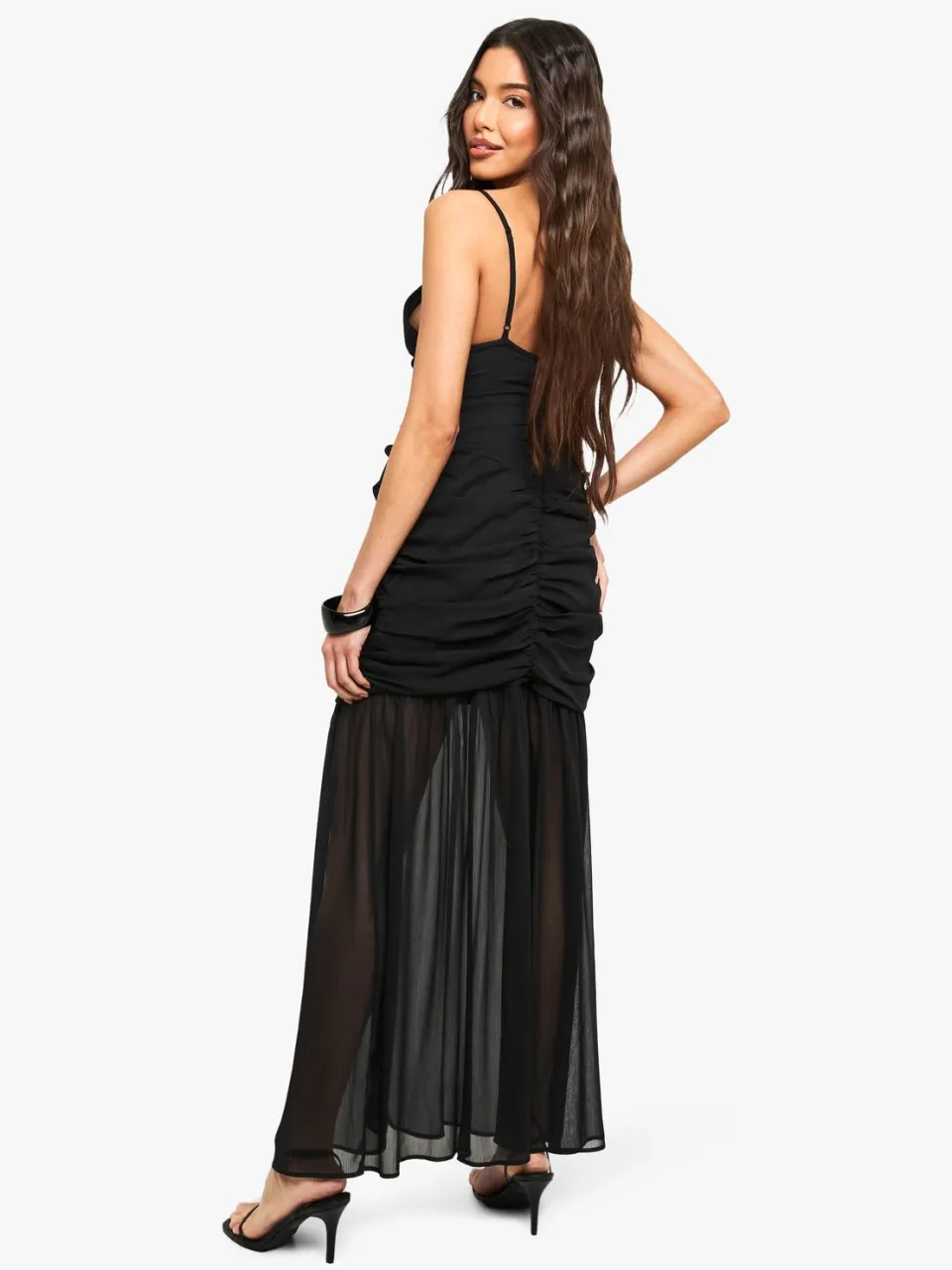 boohoo Dames Chiffon gerukte diepe decollete maxijurk zwart, foto 2
