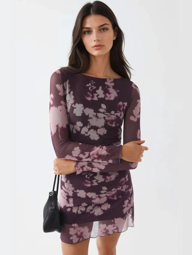 Busem Bloemen Mini Jurk met Lange Mouwen Paars