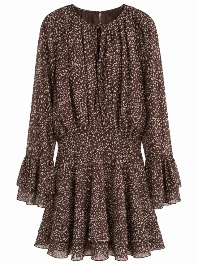 van Verla Jurk met strik en leopardprint Dames - Lange mouw - Ronde hals - Bruin