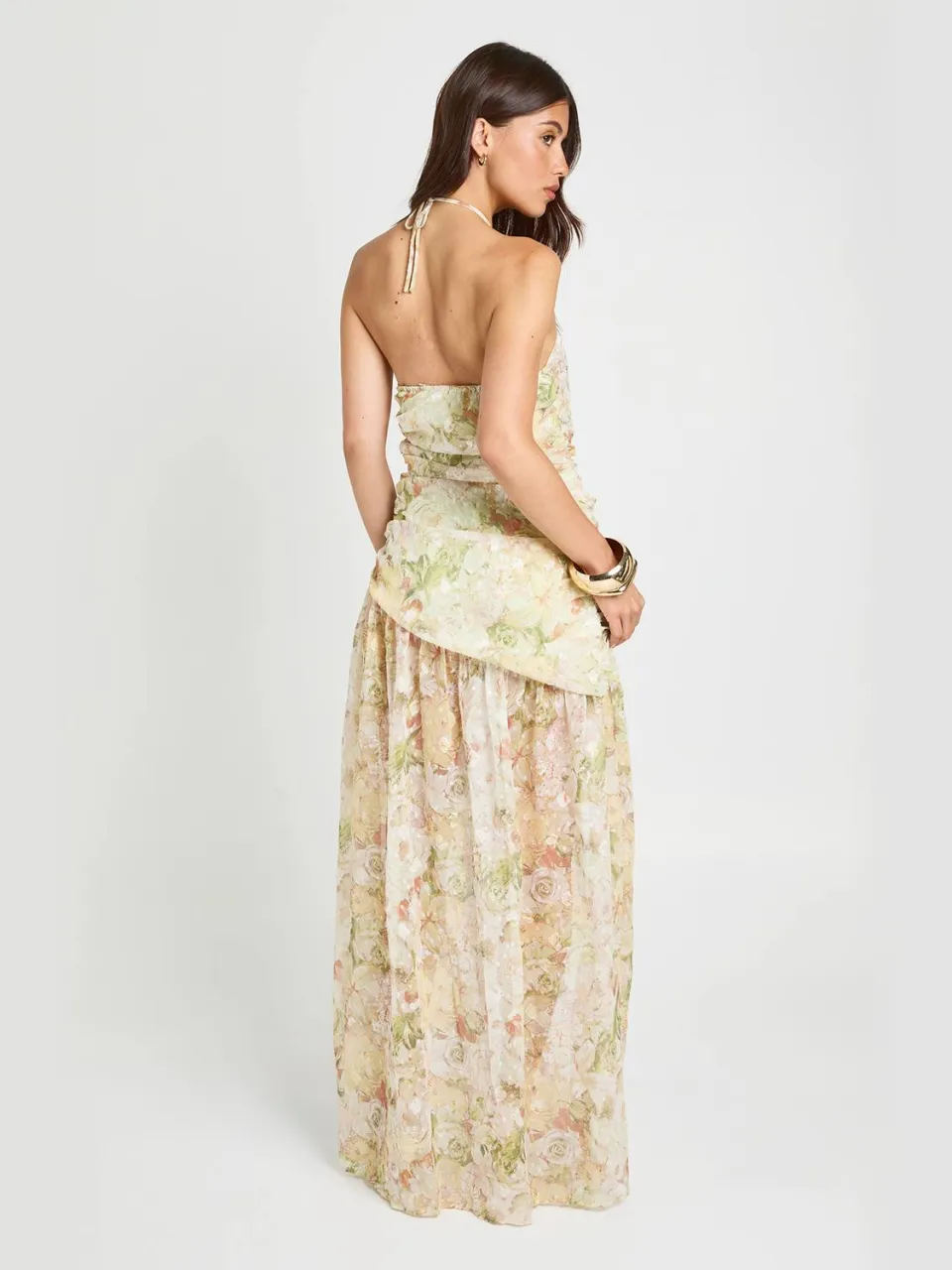 boohoo Dames Jacquard Bloemen Halternek Maxi Jurk Met Gerimpeld Detail zachte limoen, foto 2