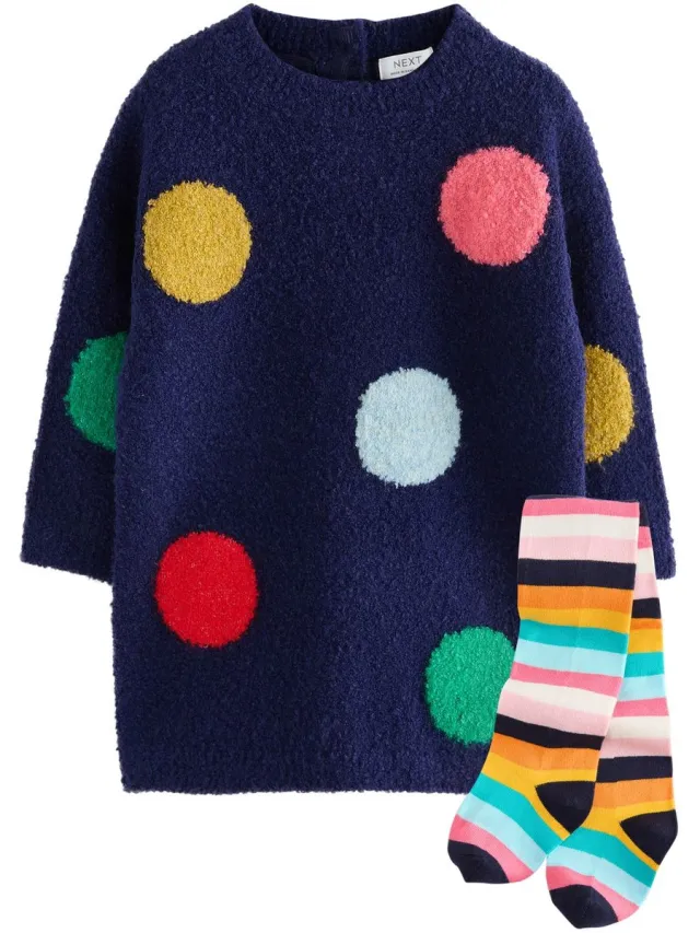 Next Meisjes - Gebreide trui-jurk en maillot - Blauw Navy Rainbow Spot