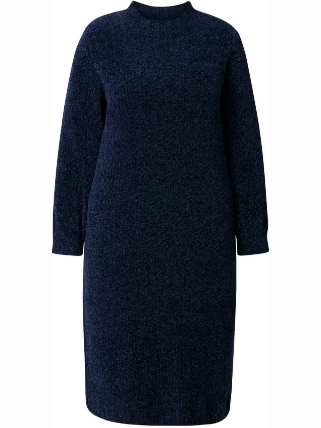 Ulla Popken Dames - Chenille midi-jurk wijde opstaande kraag lange mouwen - Inktblauw - Maat 58+