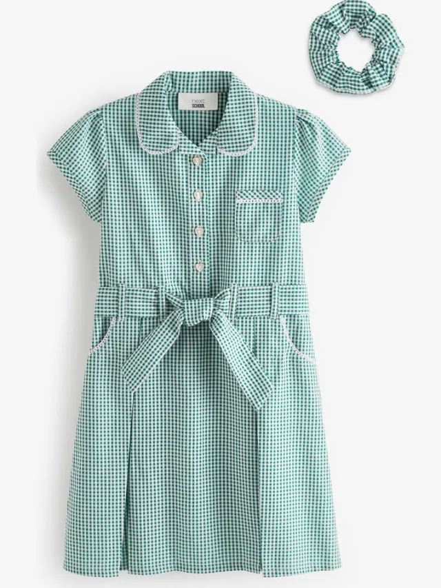 Next Meisjes - Katoenrijke schooljurk met ceintuur en scrunchie - Groen Green Gingham