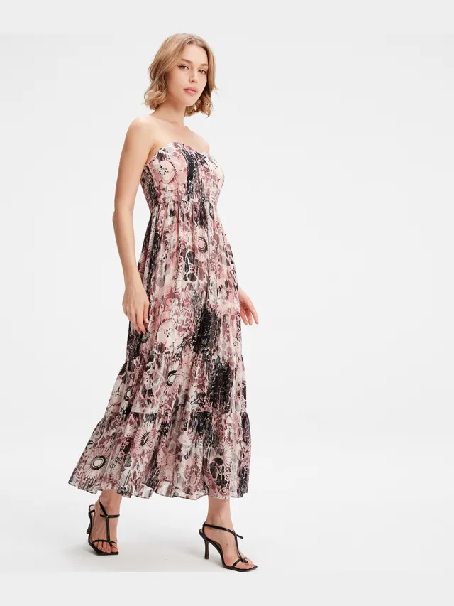 Smart & Joy Bustier Chiffon Maxi -jurk met abstracte bloemenprint roze, foto 2
