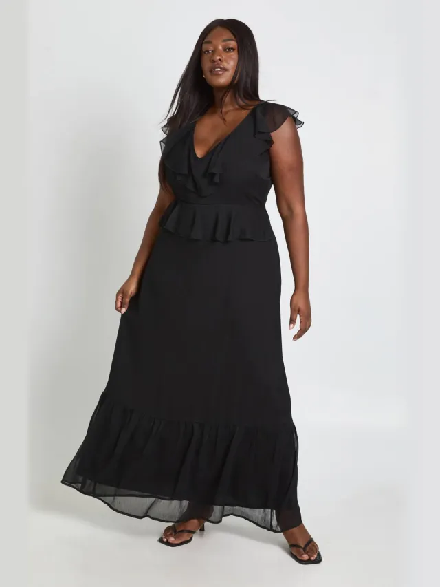 boohoo Dames Plus Chiffon Ruches Plunge Maxi Jurk Zwart