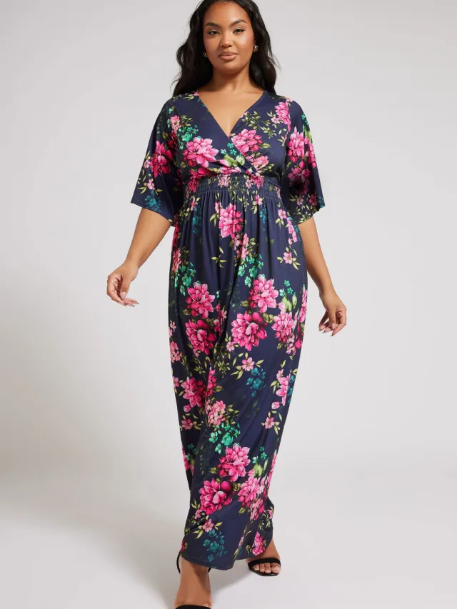 Yours London Maxijurk Met Bloemenmotief, Elastische Taille En Engelmouwen In Donkerblauw Blue