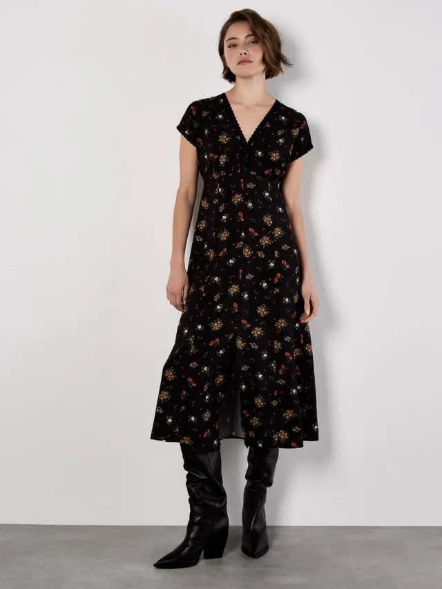 Apricot Floral Heart Midi Dress Zwart