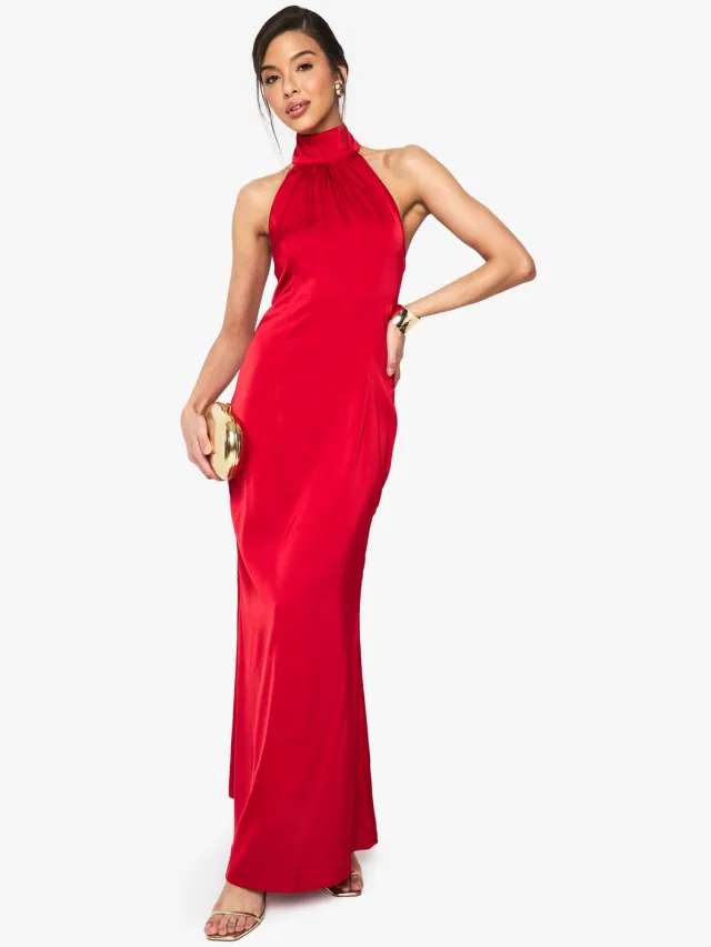 boohoo Dames Satijnen Halterneck Maxi Jurk Rood