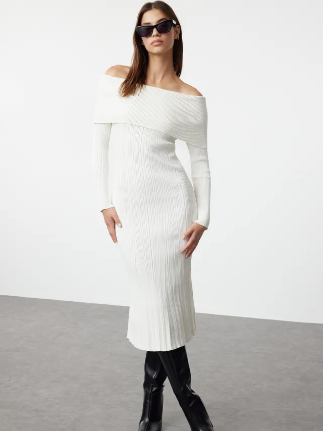 Trendyol TRENDYOLMİLLA Dames Ecru Effen Midi Lang Avond / Dagelijks Bodycon Jurken