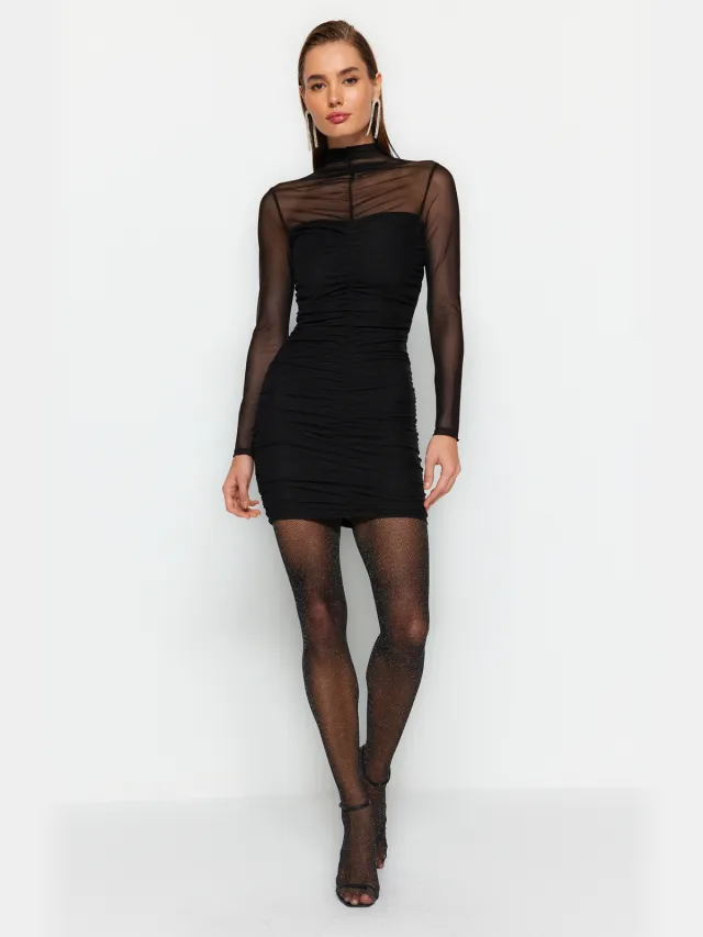Trendyol TRENDYOLMİLLA Dames Zwart Effen Kort / Mini Lang Stijlvol/Avond Bodycon Jurken