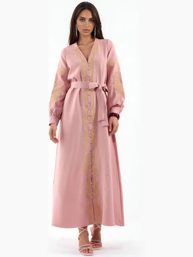 MSN Collection Geborduurde V-hals Maxi-jurk Oudroze