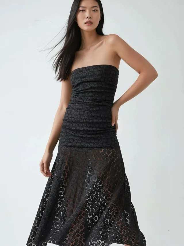 Hiccup Strapless Kant Midi Jurk Zwart