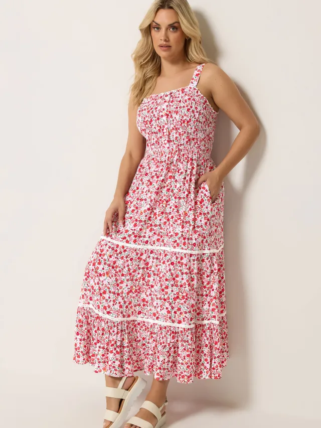 Yours Roze Gerimpelde Jurk Met Bloemenprint En Knoopsluiting-60 Pink