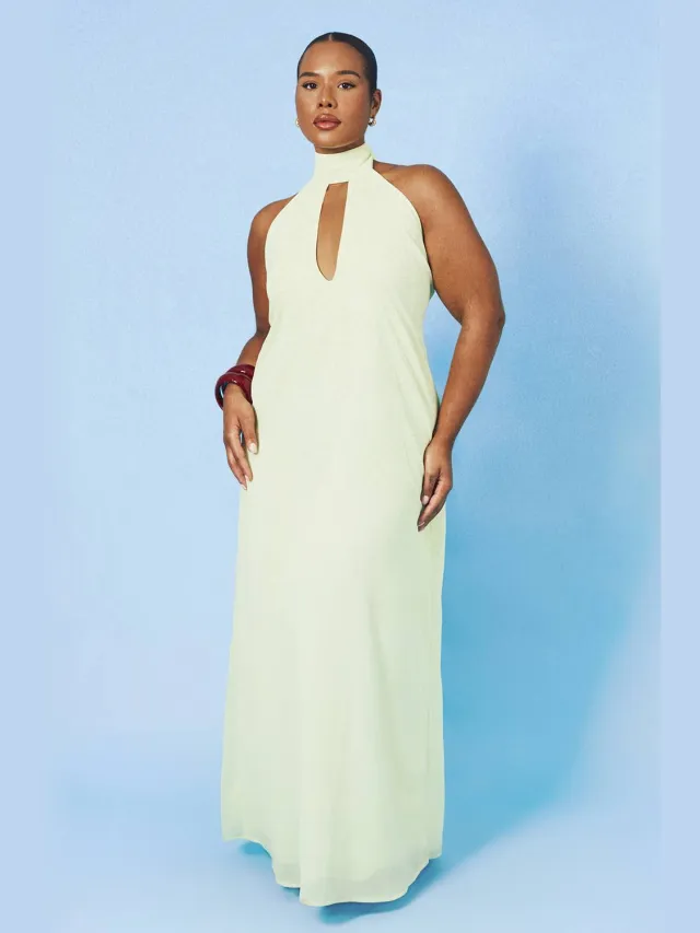 boohoo Dames Plus Halternek Chiffon Maxi Jurk Met Diepe Hals Citroen