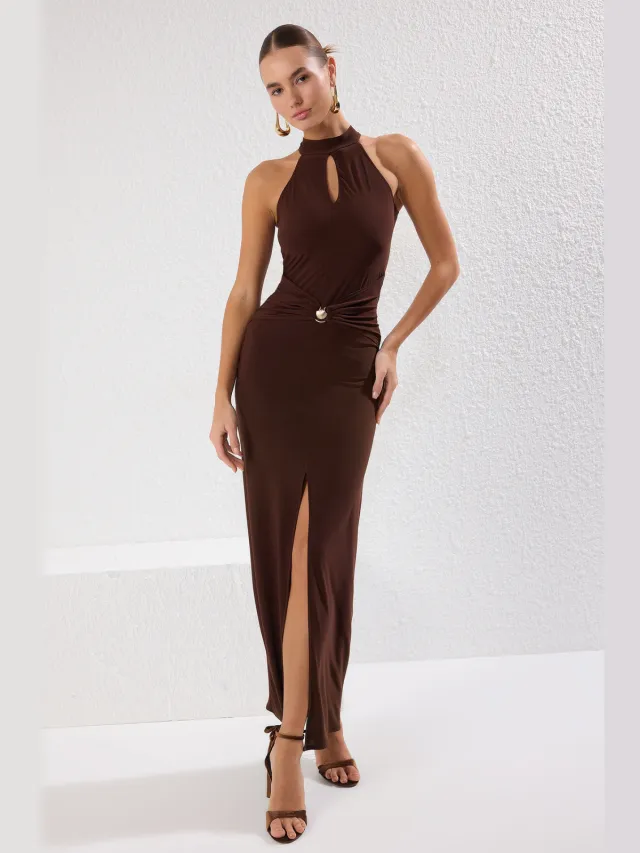 Trendyol TRENDYOLMİLLA Dames Bruin Effen Maxi Mouwloos Diploma-uitreiking / Gala Recht Avond & Gala Jurk
