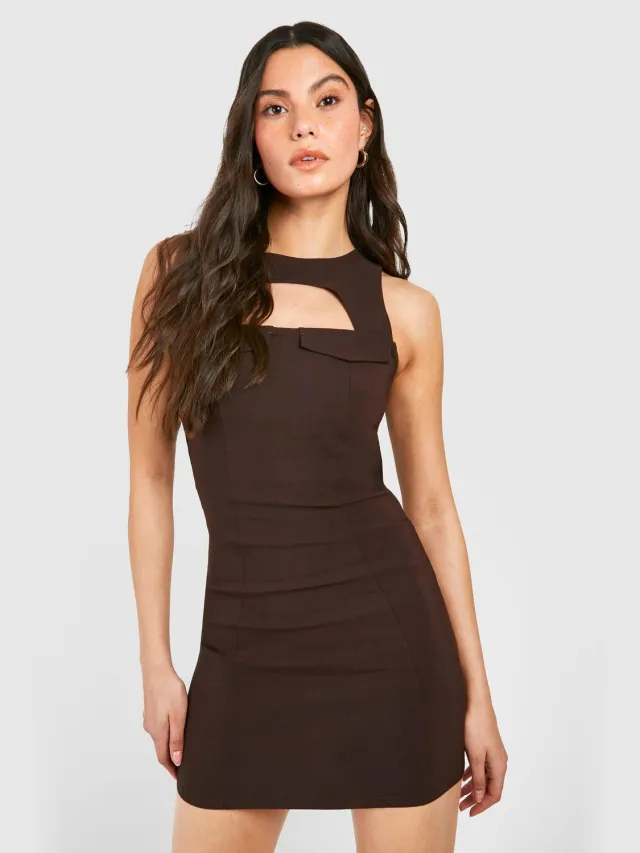 boohoo Dames Cut Out Detail Bengaline Mini Dress Chocoladebruin