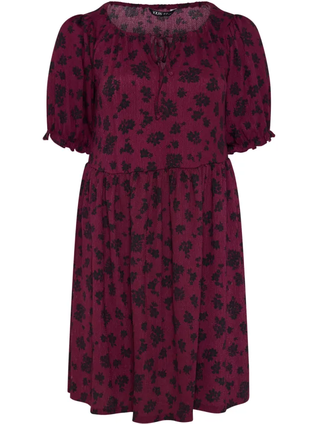 Yours Bordeauxrode Minijurk Met Bloemenprint En Strik Aan De Hals Red