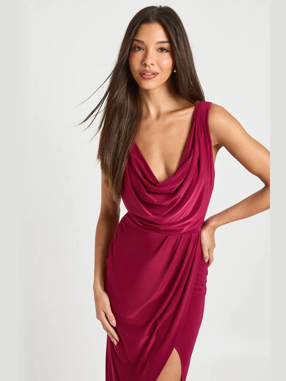 boohoo Dames Slinky Gerimpelde Wikkel Maxi Jurk wijn, foto 3