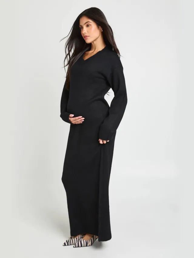 boohoo Dames Zwangerschaps Maxi Jurk Met V-hals En Lange Mouwen In Gebreid Tricot Zwart