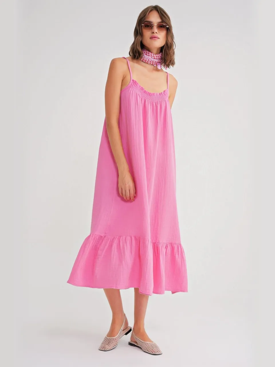 Mixray Midi Muslin Jurk met Rimpeldetail lichtroze, foto 2