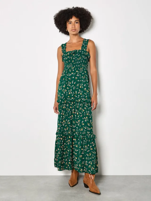 Apricot Maxi-jurk met kleine bloemenprint en smockwerk Groen