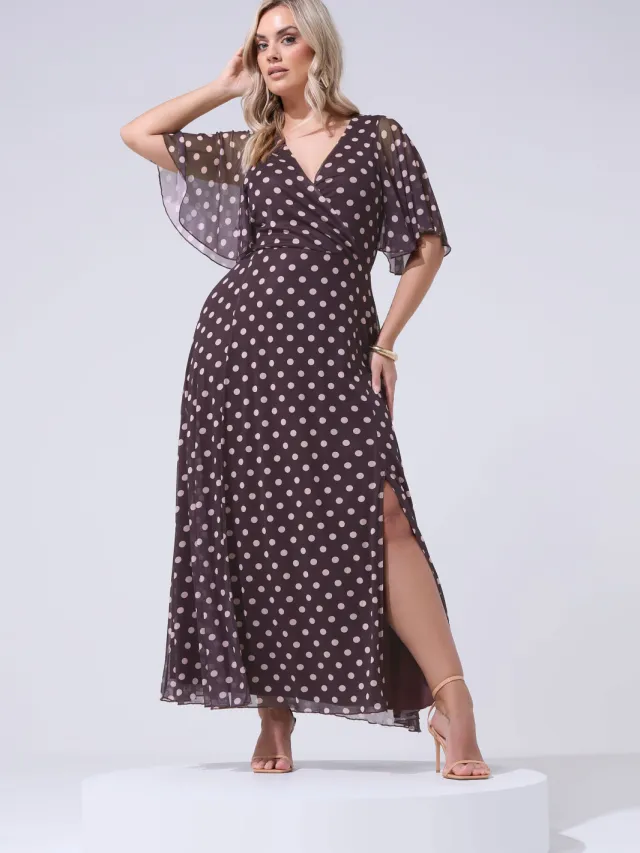 Yours London Chocoladebruinroze Wikkeljurk Met Stippen Size Petite > 44 Brown