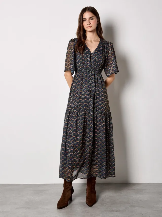 Apricot Maxi-jurk van chiffon met geschulpte rand en goudfolie Marine