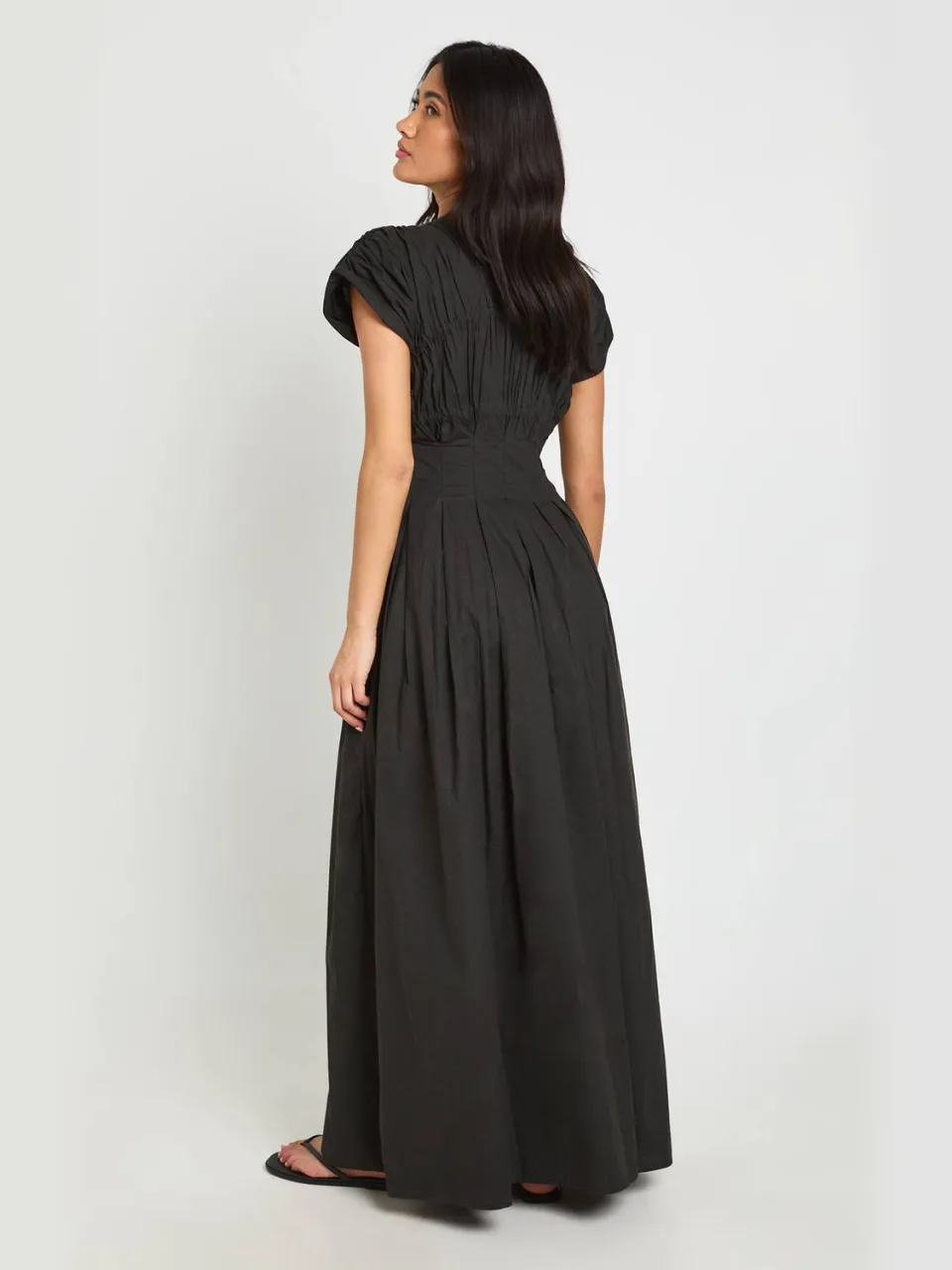 boohoo Dames Katoenen Popeline Maxi Jurk Met Gerimpeld Lijfje En Strikdetail In De Taille zwart, foto 2