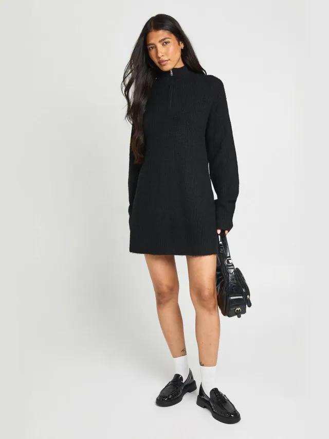 boohoo Dames Lange Zachte Gebreide Oversized Trui-jurk Met Rits Aan De Hals Zwart