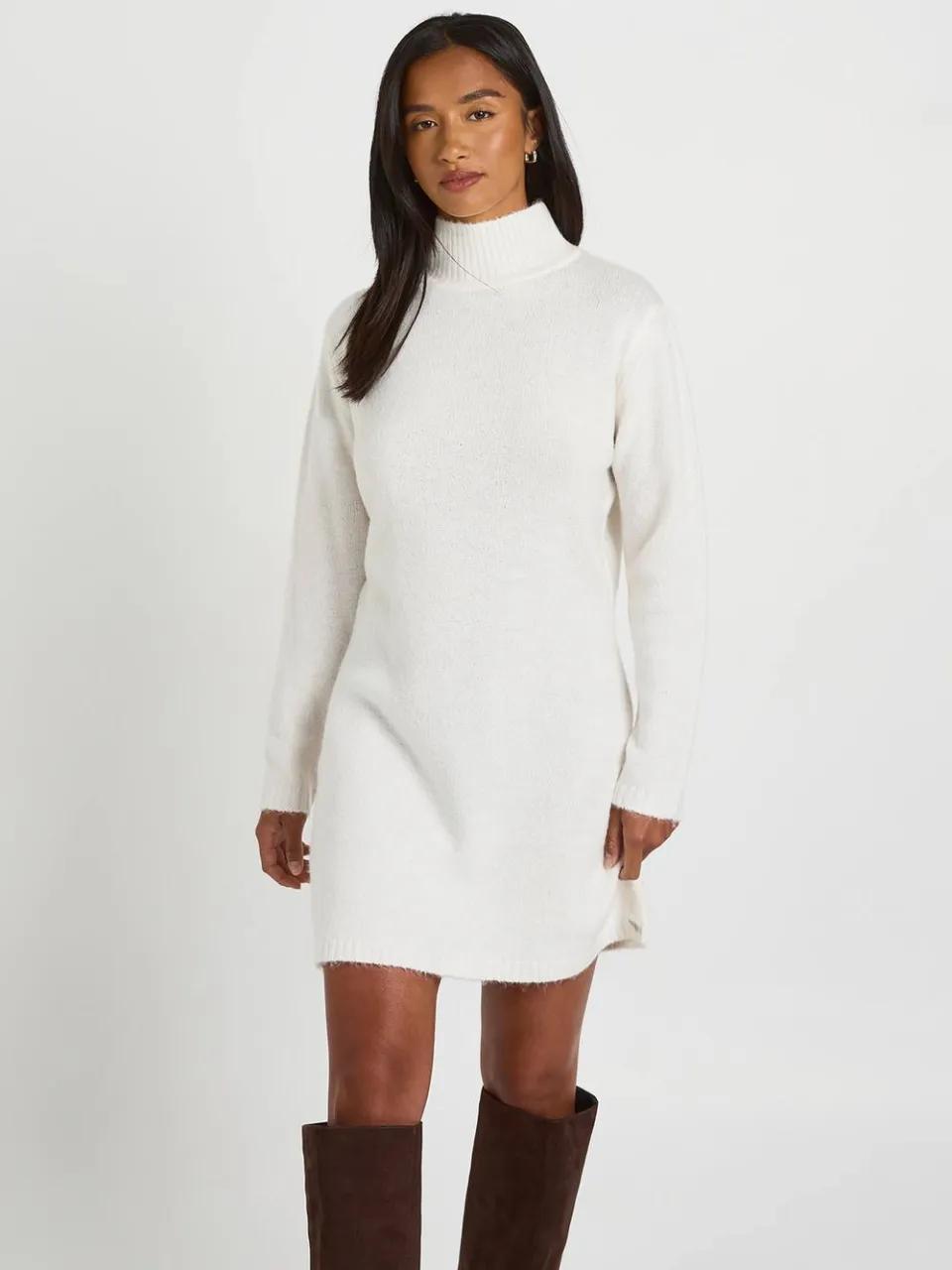 boohoo Dames Petite Mini-jurk Van Superzacht Gebreid Materiaal Met Hoge Hals crème, foto 3