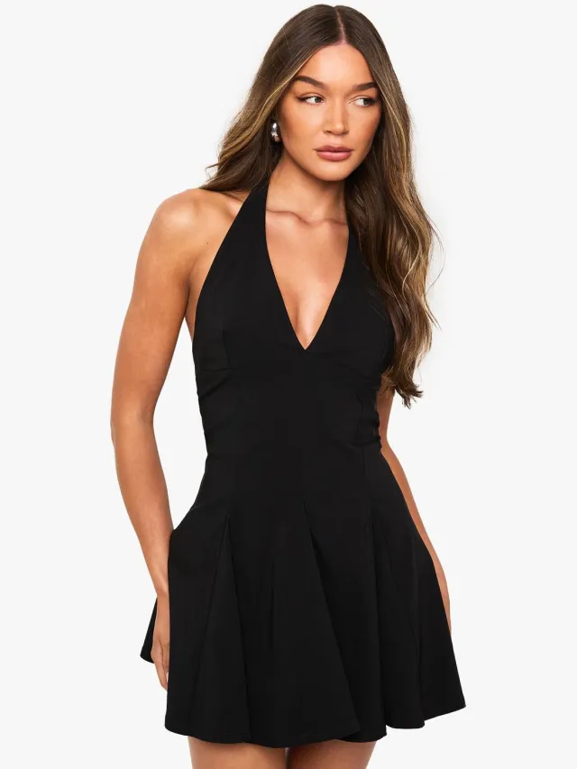 boohoo Dames Bengaline Halterneck Geplisseerde Skater Jurk Zwart