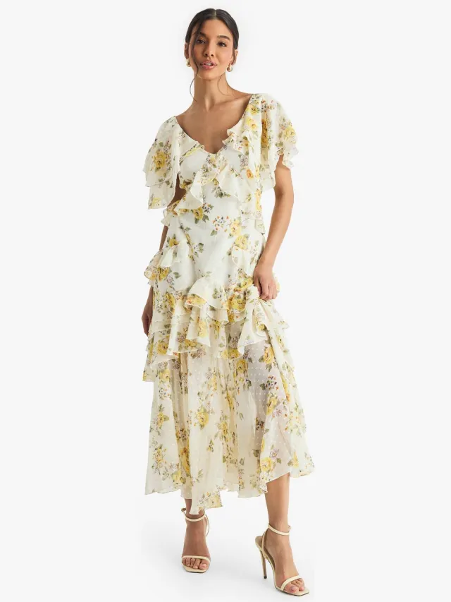 boohoo Dames Bloemen Ruffle Midi Jurk Ivoor