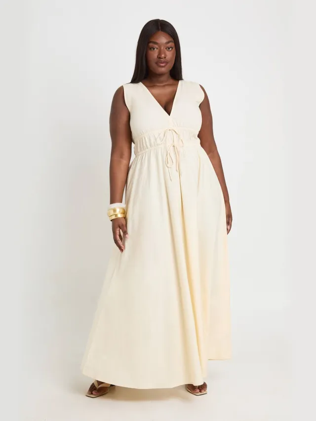 boohoo Dames Plus Diepe V-hals Maxi Skater Jurk Met Strikdetail Citroen