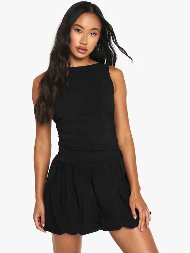 boohoo Dames Op maat gemaakte Slash Neck Puff Ball Mini-jurk Zwart