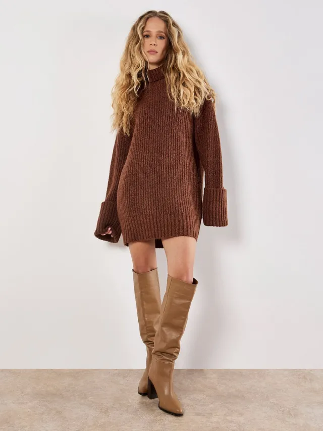 Apricot Bouclé gebreide visserstrui-minijurk rust