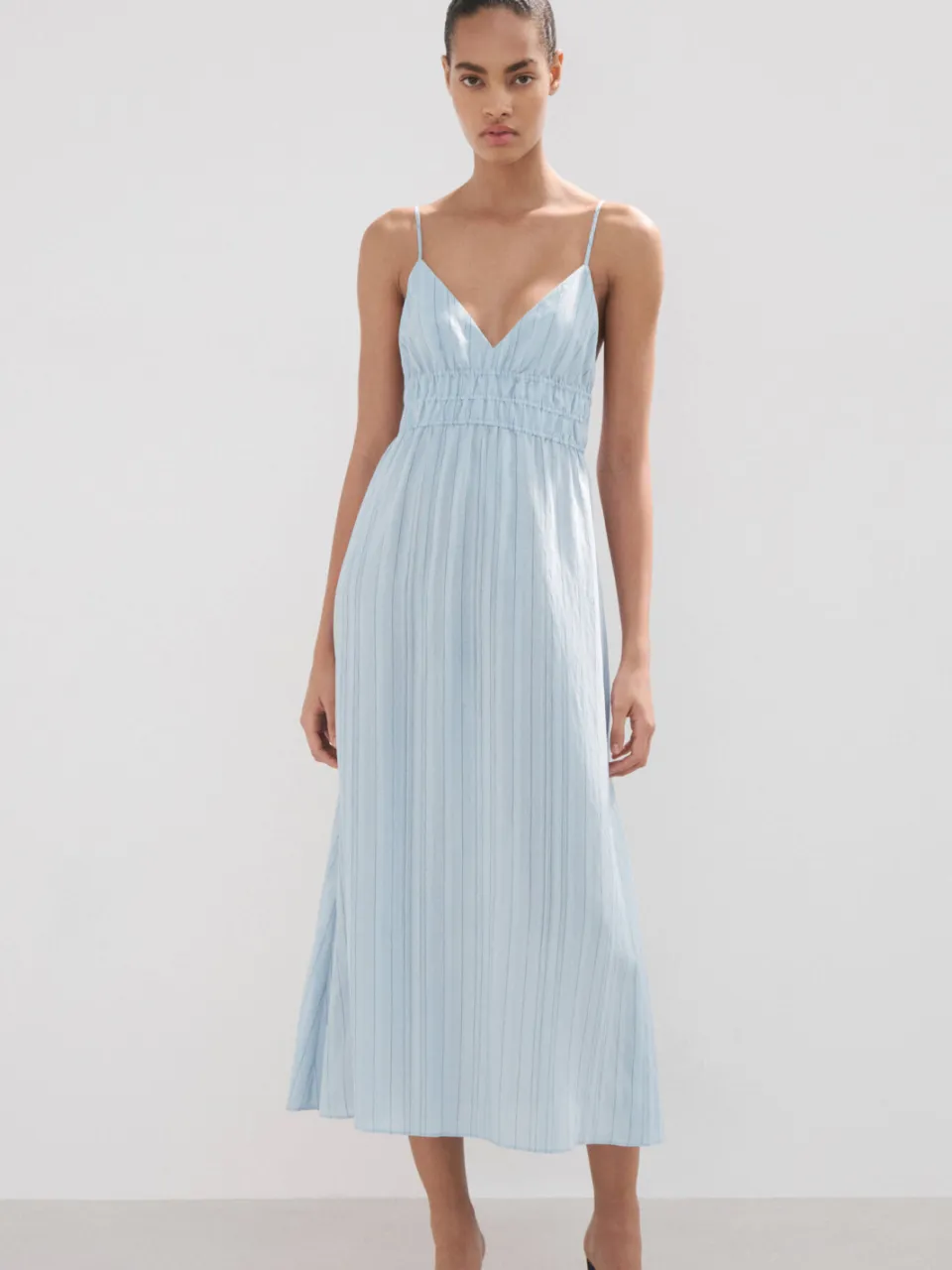 Mango midi zomerjurk met krijtstreep - lichtblauw