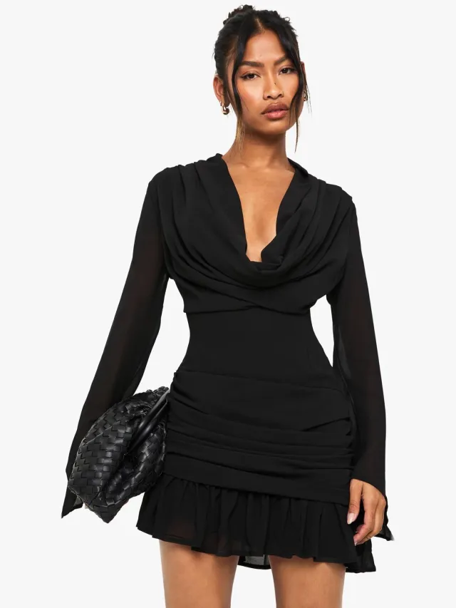 boohoo Dames Cowl Mini Jurk met Lange Mouwen zwart, foto 2