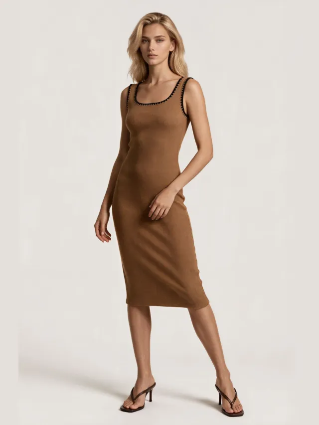 MSN Collection Dames Midi Jurk Camel