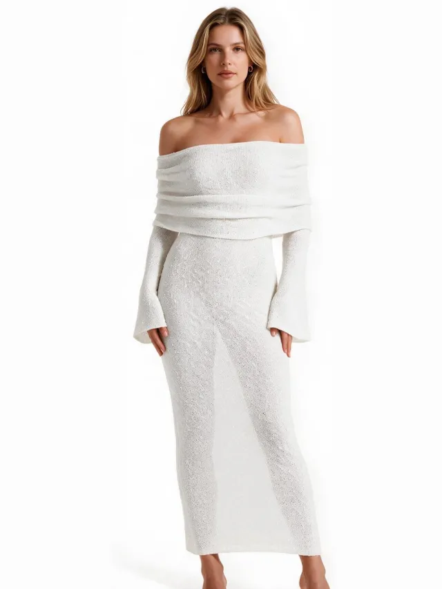 Imily Bela Dames Off Shoulder Gebreide Maxi Jurk met Lange Mouwen wit