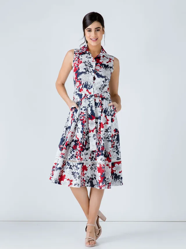 Conquista Marine Bloemenprint Jurk met Riem Blauw/Marineblauw