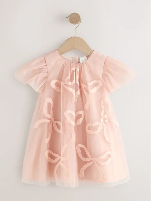 Next Meisjes - Jurk met engelenmouwen van mesh - Roze Pink Bows