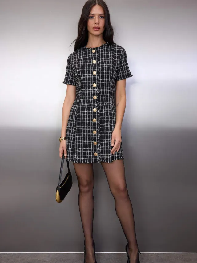 Trendyol TRENDYOLMİLLA Dames Zwart Geruit Kort / Mini Kort Casual Blousejurk Jurken